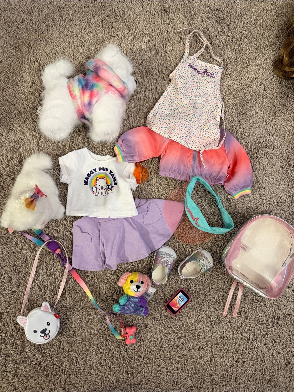 NWOT American Girl Pastel Rainbow & Lavender Outfit Set with Pink Jacket